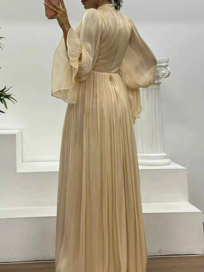 Pleated Mock Neck Long Sleeve Maxi Dress