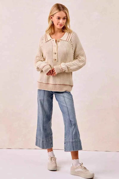 BiBi Half Button Ribbed Two Tone Sweater