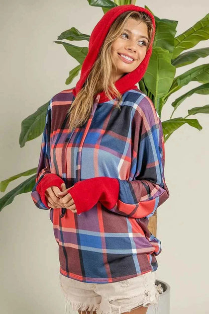 BiBi Plaid Mirr Brushed Rib Contrast Thumb Open Hoodie