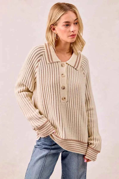 BiBi Half Button Ribbed Two Tone Sweater