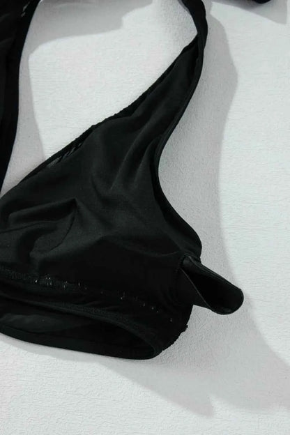 Sheer Mesh Edged Halter V Neck Push Up Bikini Set