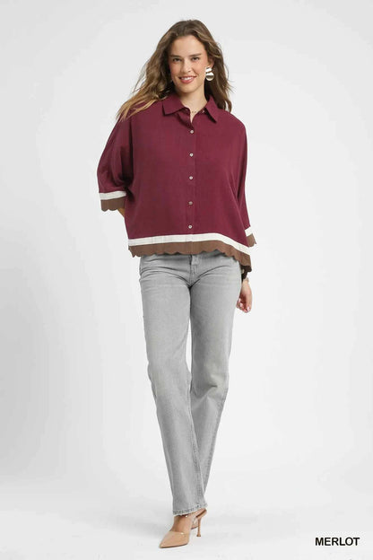 Umgee Colorblock Button-Down Shirt with Scallop Hem