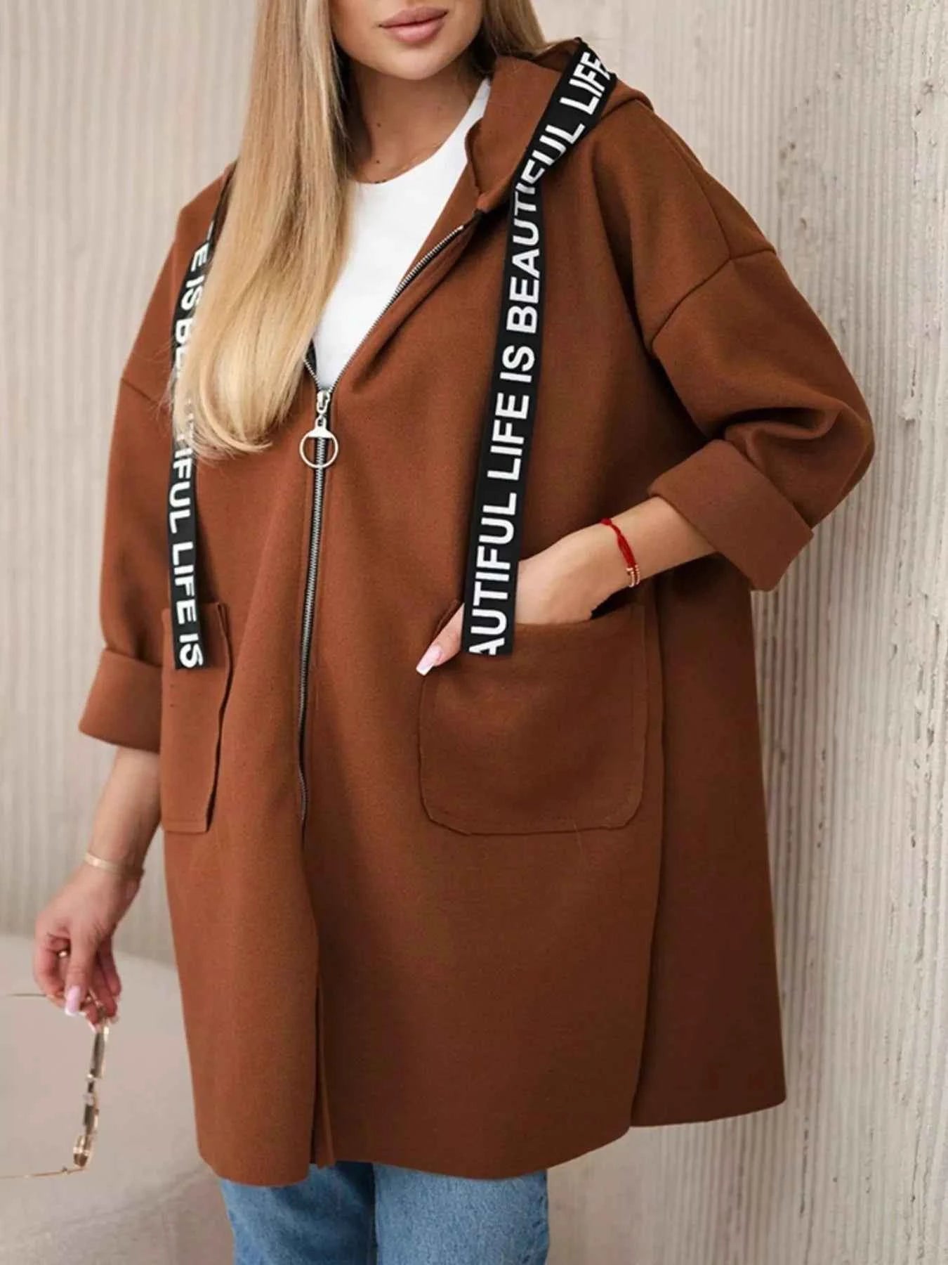 Full Size Hooded Zip-Up Longline Outerwear Plus Size