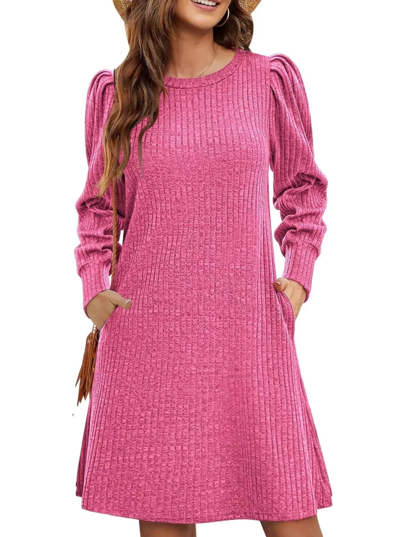 Ribbed Knit Puff Sleeve Casual Mini Dress