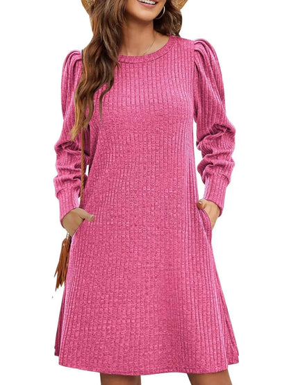Ribbed Knit Puff Sleeve Casual Mini Dress