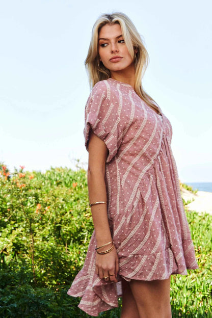 Davi & Dani Embroidery V Neck Short Sleeve Ruffled Mini Dress