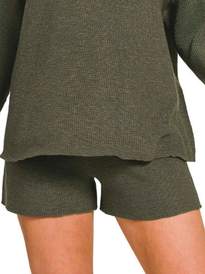 Zenana Round Neck Knit Top and Shorts Sweater Set