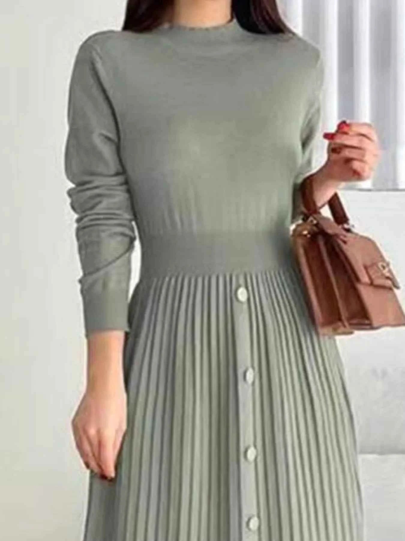 Slit Front Mock Neck Long Sleeve Knit Dress