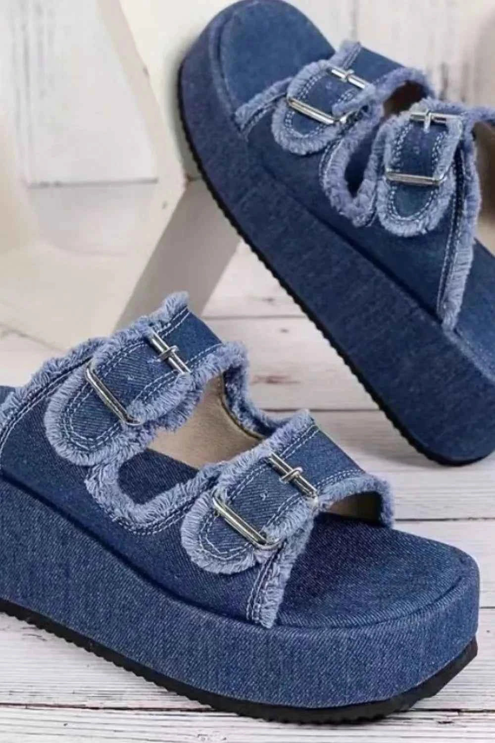 Raw Hem Wedge Buckle Sandals
