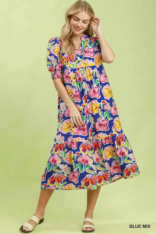 Umgee Floral Print Puff Sleeve Tiered Midi Dress