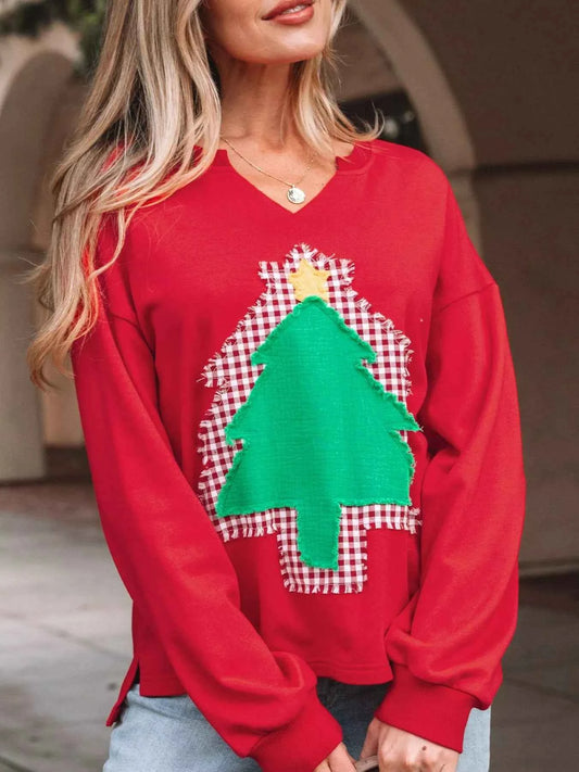 Plaid Frayed Double Christmas Tree Patched Drop Shoulder Sweatshirt