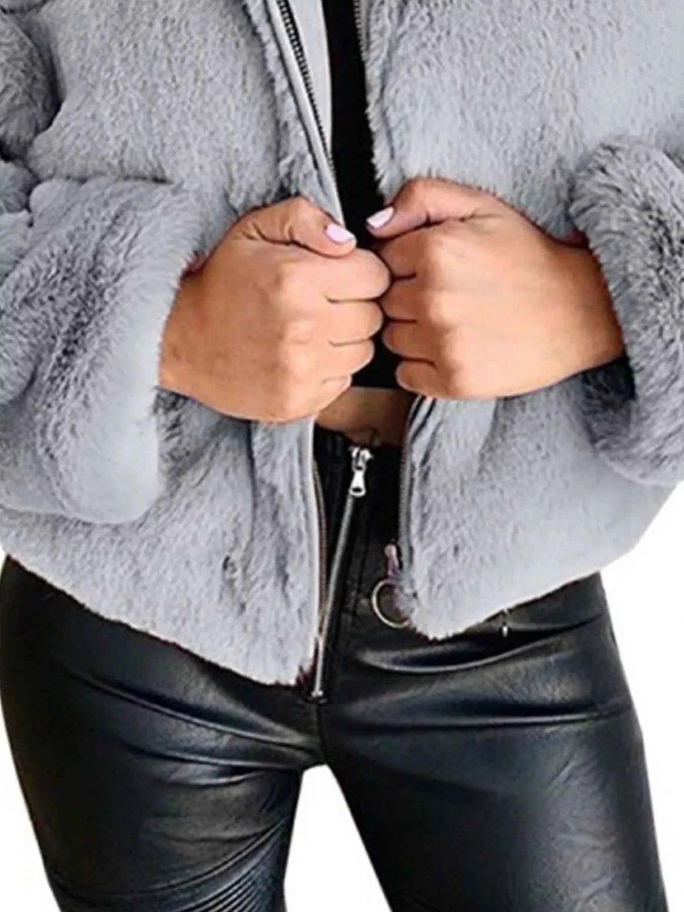 Full Size Faux Fur Cropped Zip-Up Jacket Plus Size