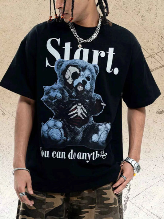 Men's Teddy Bear Graphic Round Neck Oversized T-Shirt