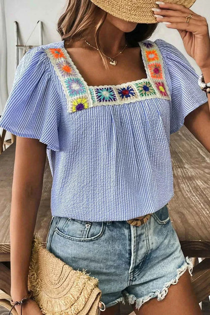 Stripe Textured Ruffle Short Sleeve Boho Detail Square Neck Blouse