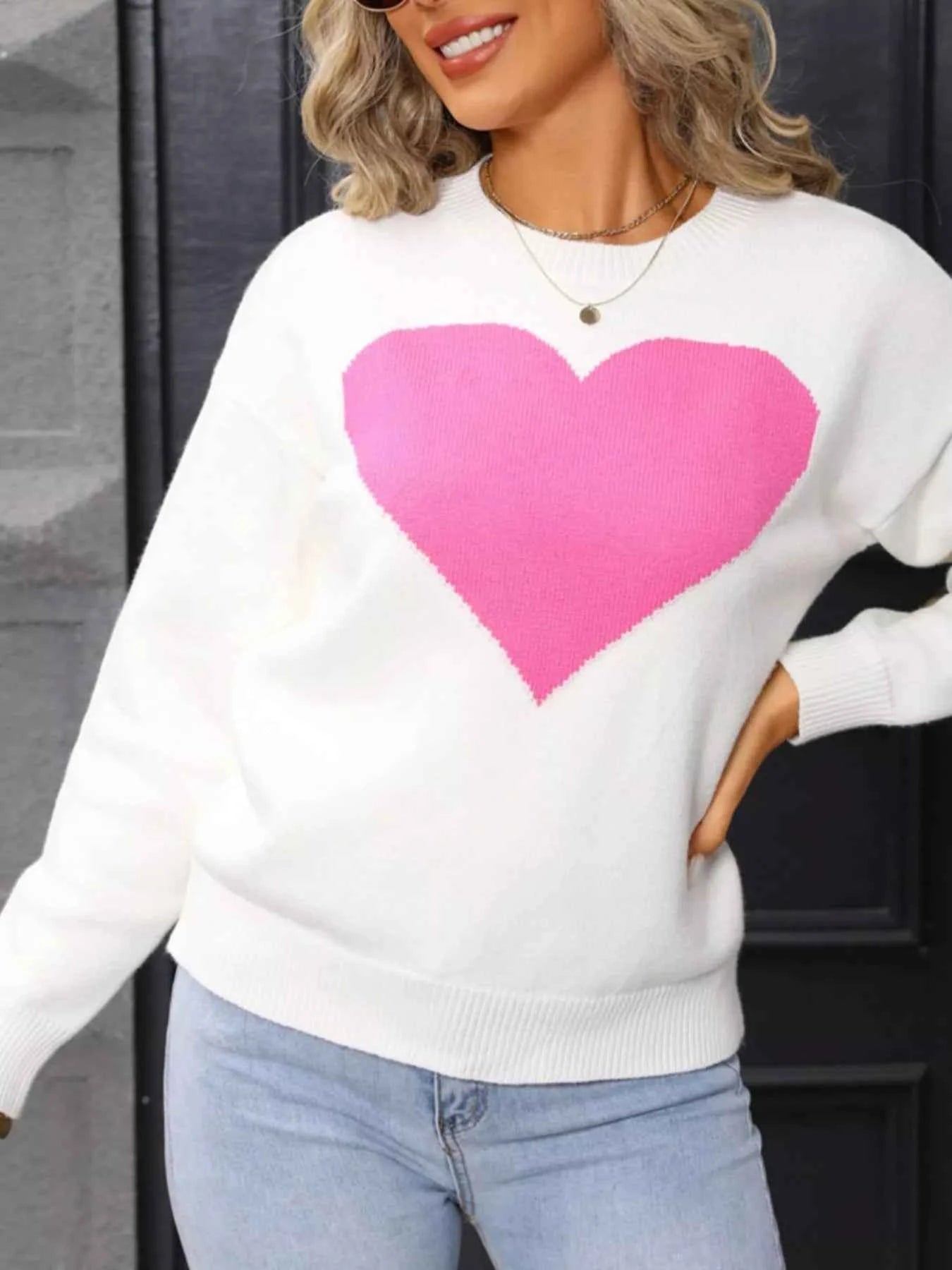 Valentine's Day Heart Round Neck Dropped Shoulder Sweater