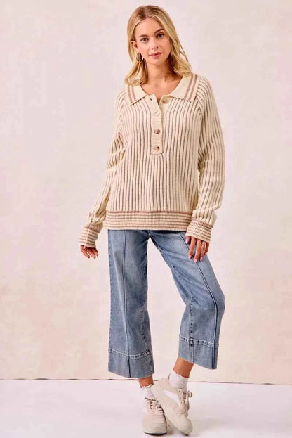 BiBi Half Button Ribbed Two Tone Sweater