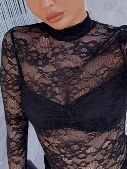 Lace Sheer Mock Neck Long Sleeve Maxi Dress