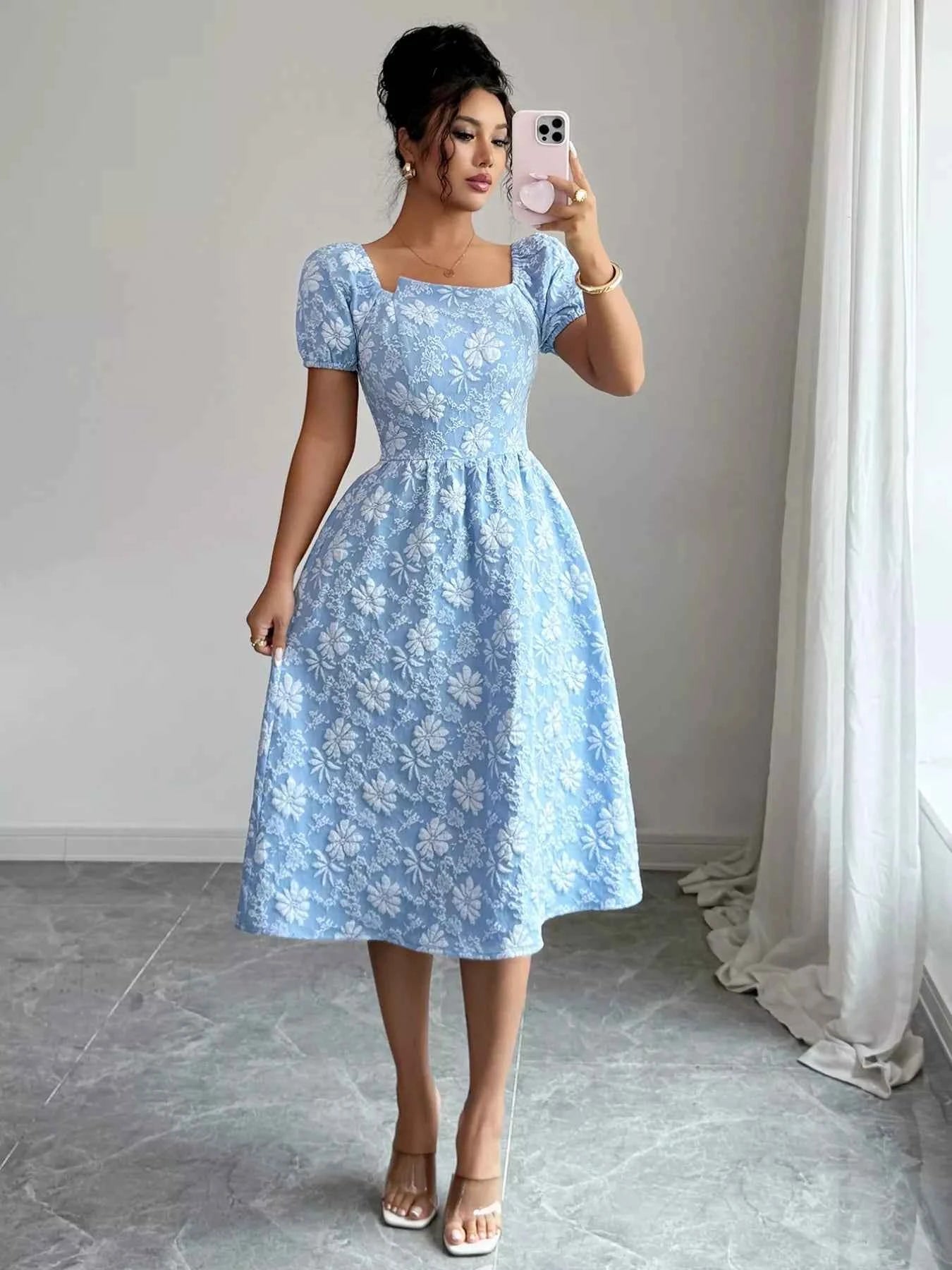 Floral Square Neck Puff Sleeve Midi Dress