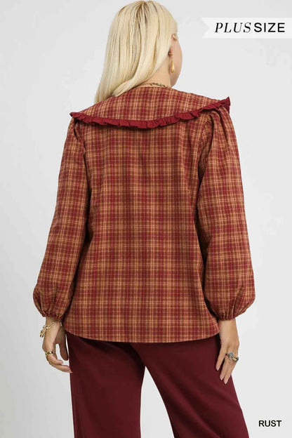 Umgee Full Size Plaid Ruffle Collar Blouse Plus Size