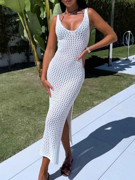 Openwork Slit Scoop Neck Sweater Dress