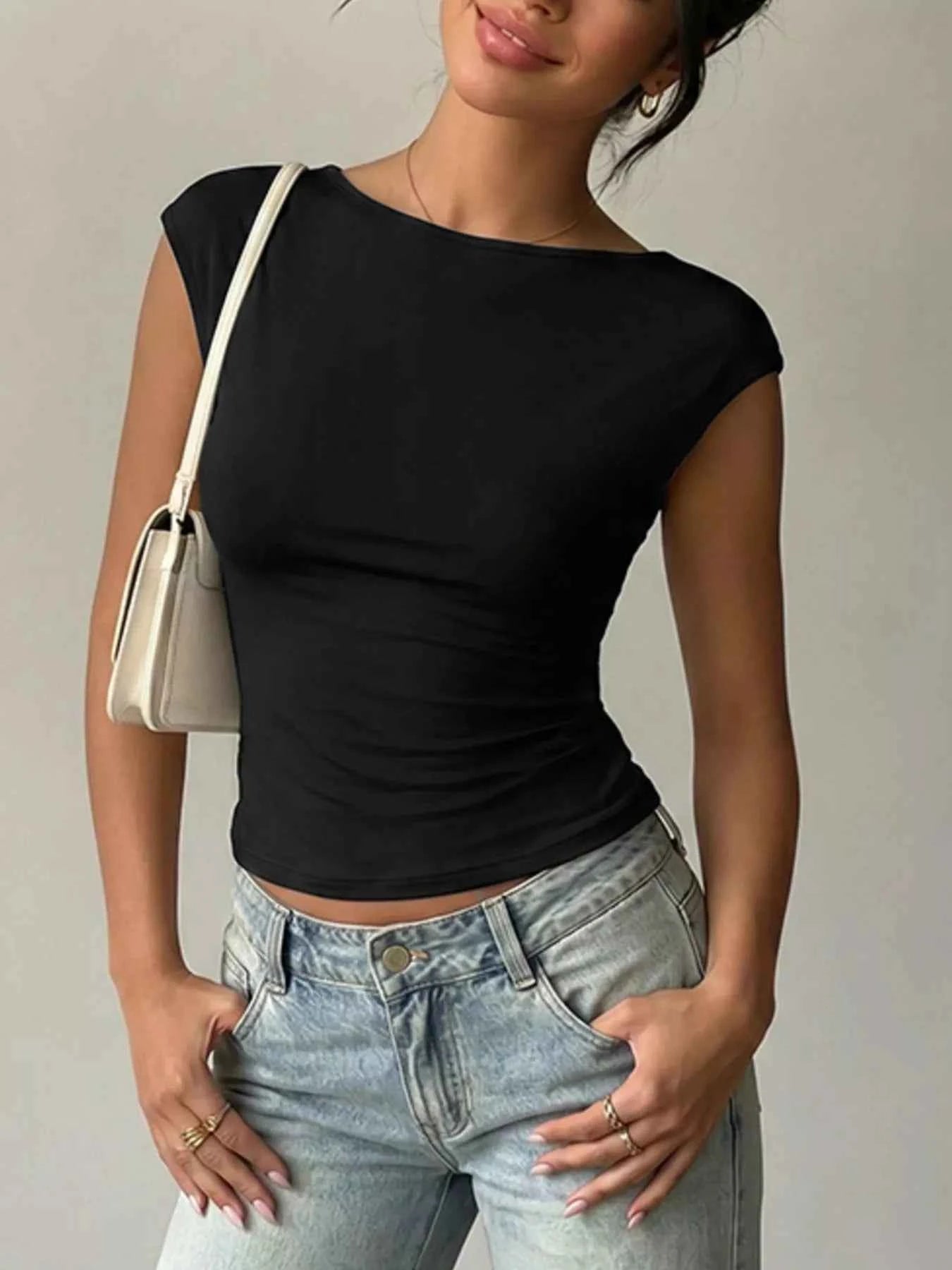 Lace Detail Cap-Sleeve T-Shirt