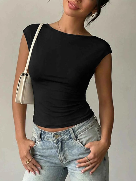 Lace Detail Cap-Sleeve T-Shirt