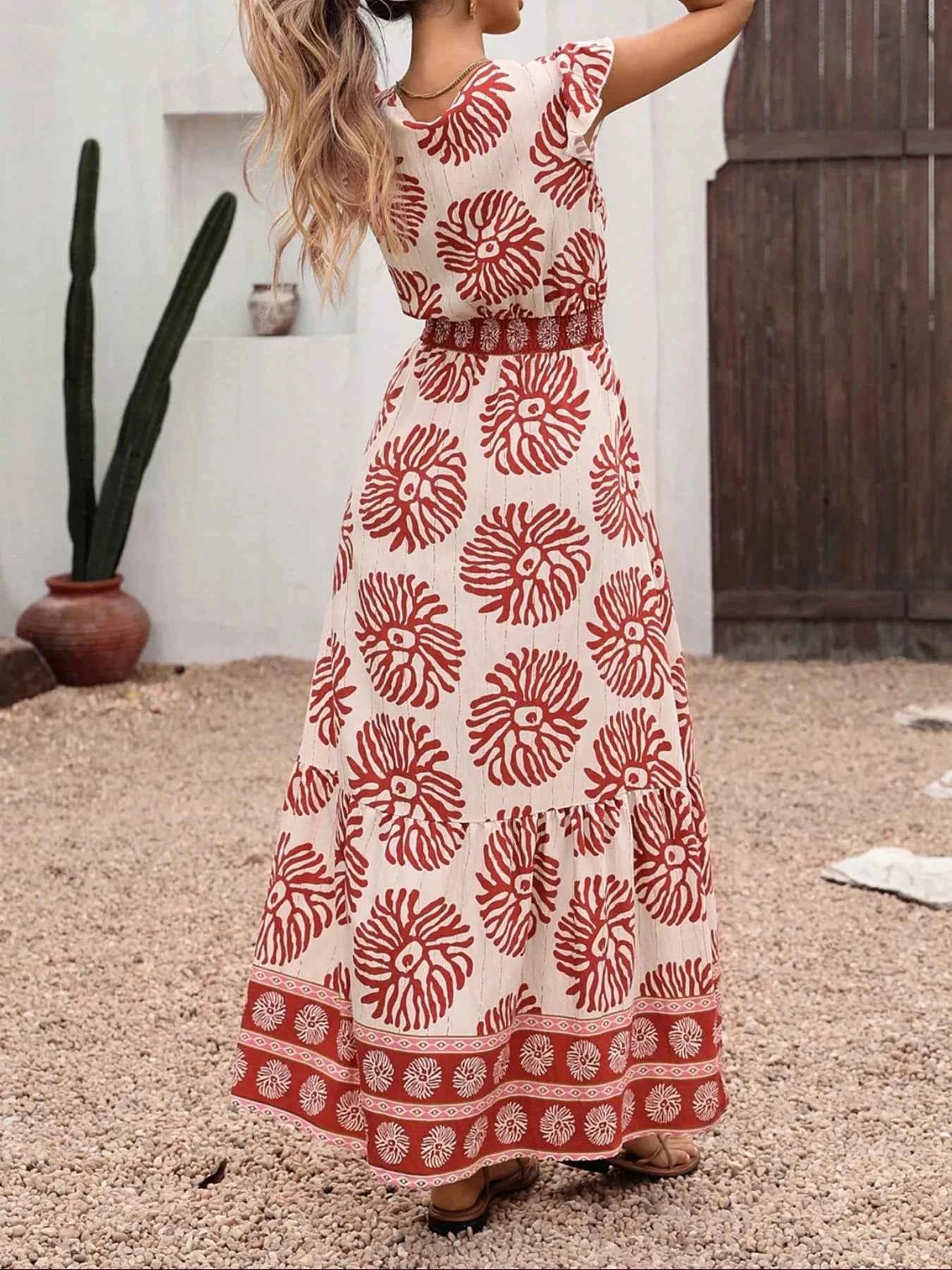 Printed V-Neck Cap Sleeve Dress