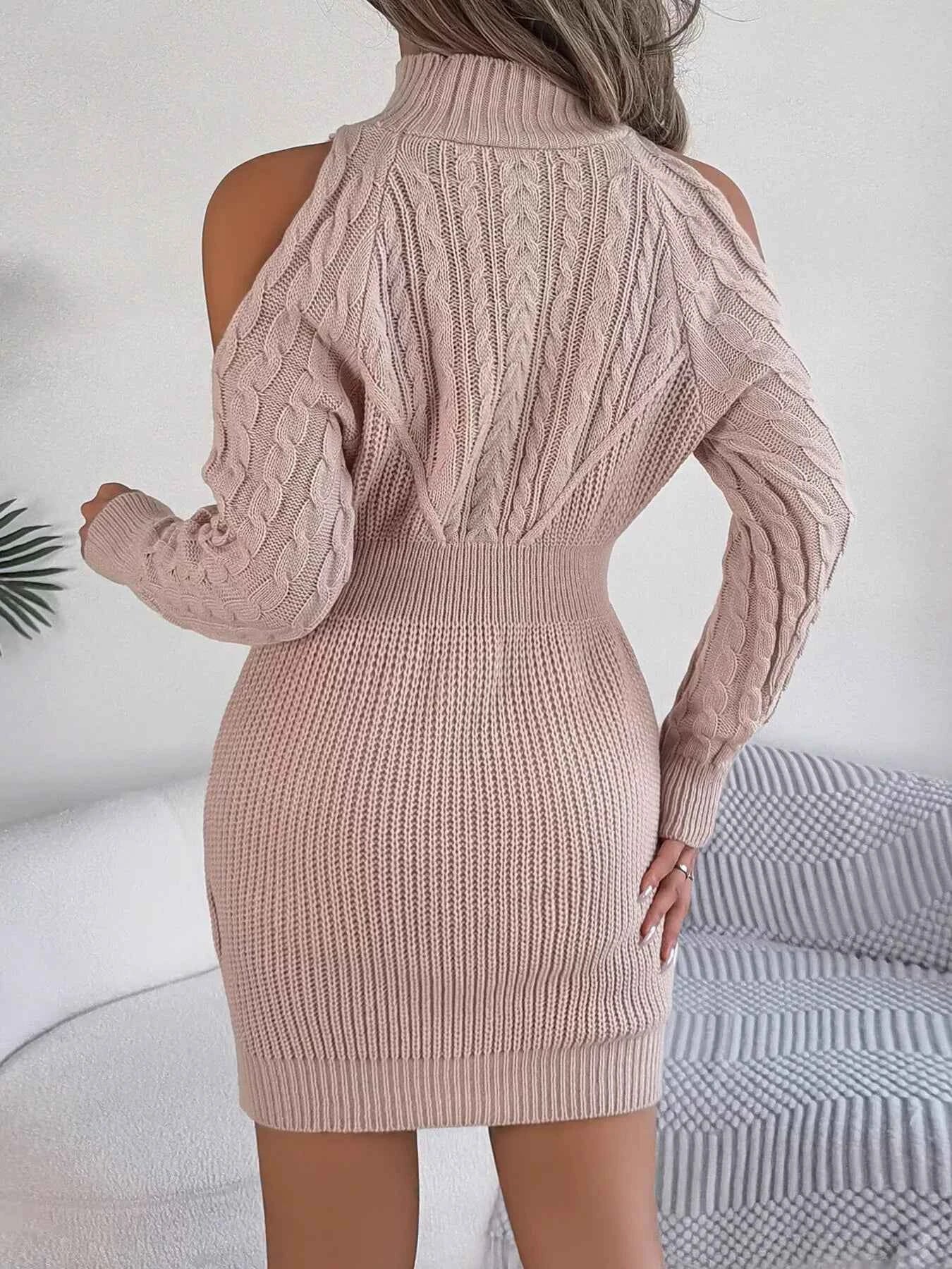 Cold Shoulder Cable Knit Turtleneck Sweater Dress