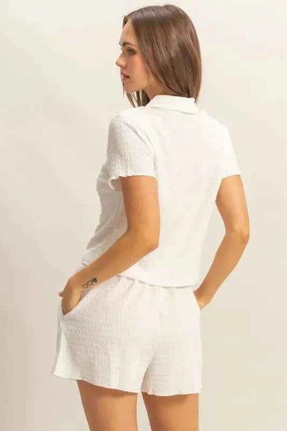 HYFVE Textured Short Sleeve Top and Drawstring Shorts Knit Set