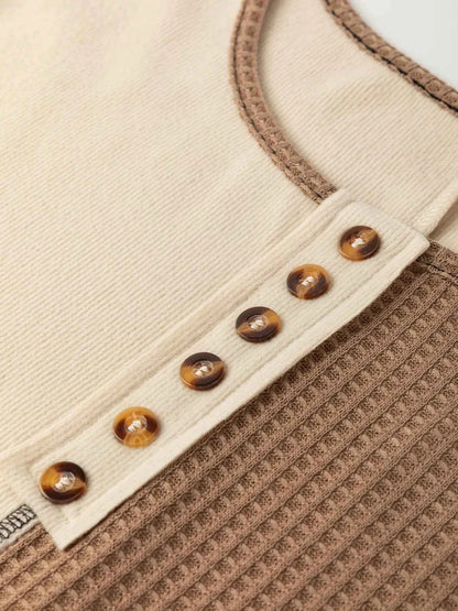 Color Block Waffle Knit Stitch Detail Long Sleeve Top