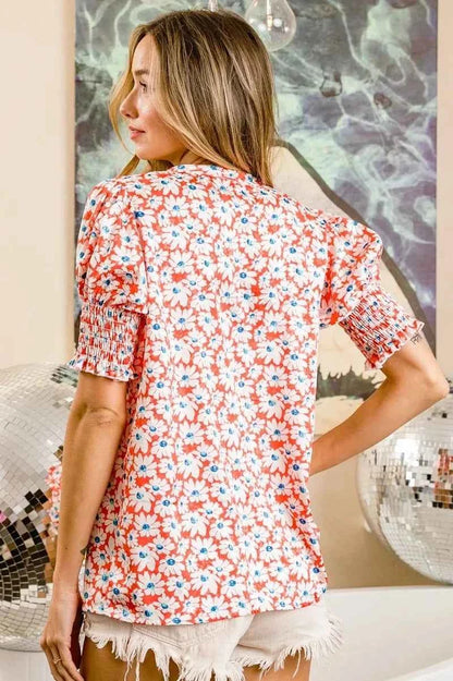 BiBi Floral Jqd Smoked Puff Sleeves V Neck Top