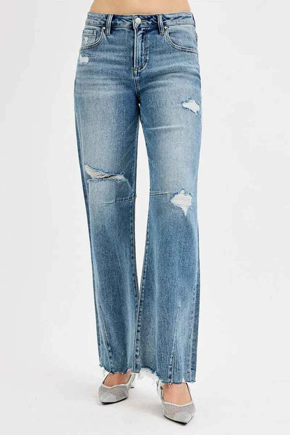RISEN Full Size Mid Rise Fit Wide Baggy Leg Tie Washed Jeans Plus Size