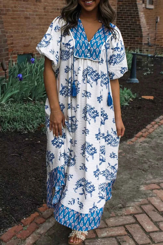 Floral Print Contrast Boho Patchwork V Neck Loose Midi Dress