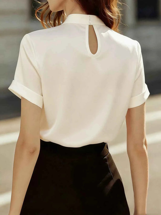 Keyhole Neck Satin Short Sleeve Blouse
