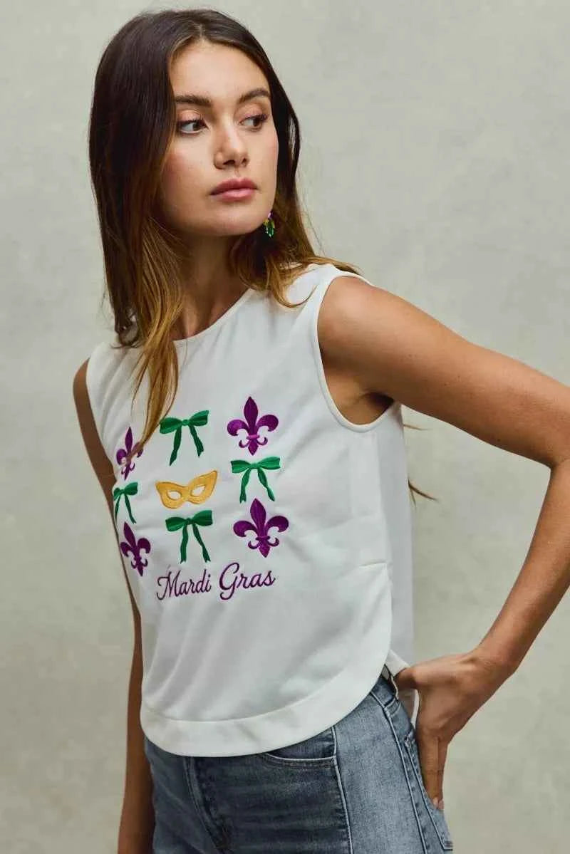 SO ME Mardi Gras Fleur De Lis And Ribbon Embroidered Top