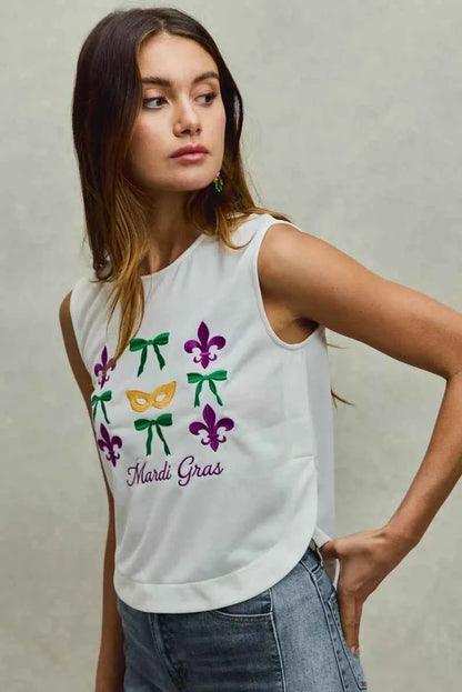 SO ME Mardi Gras Fleur De Lis And Ribbon Embroidered Top
