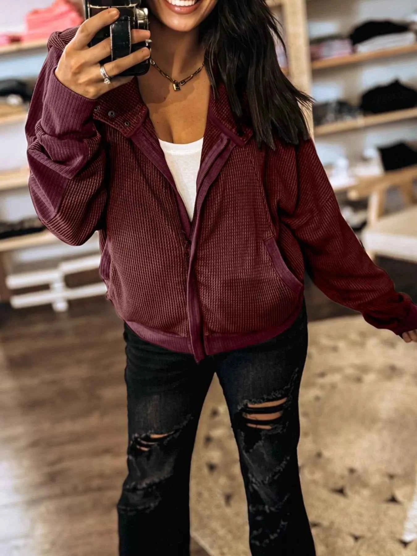 Waffle Zip Up Hooded Jacket with Pockets