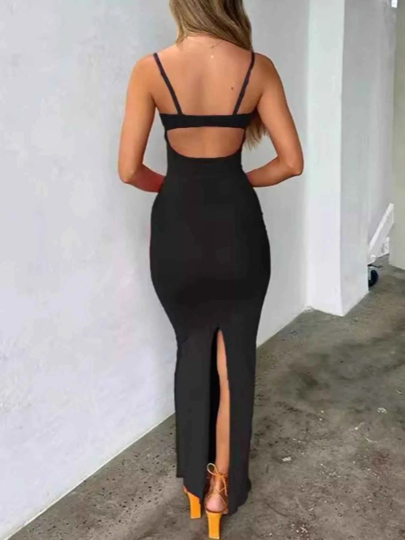 Lace Trim Cutout Back Bodycon Maxi Dress