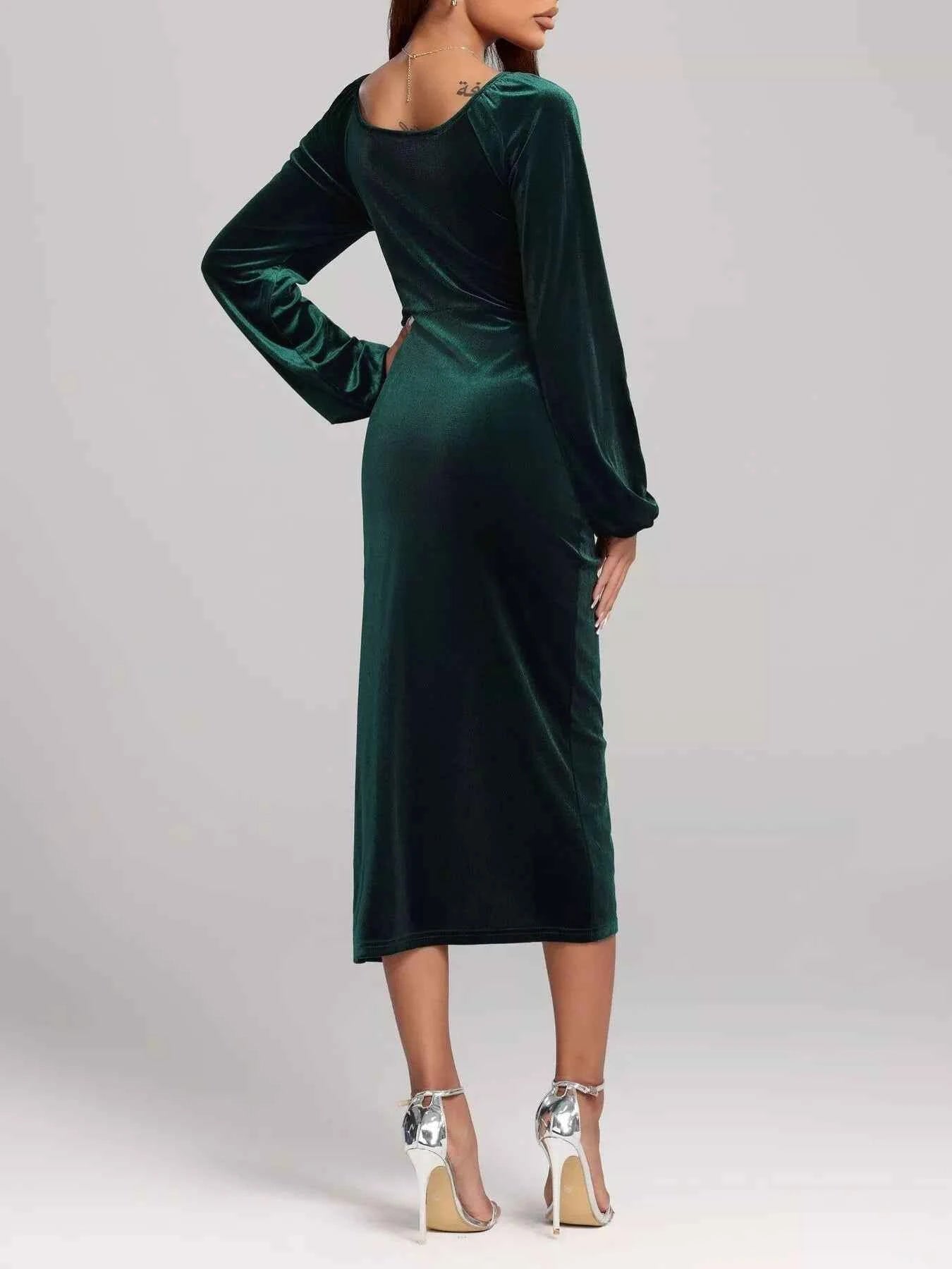 Velvet Long Sleeve Slit Midi Dress