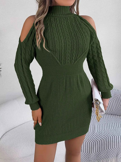 Cold Shoulder Cable Knit Turtleneck Sweater Dress