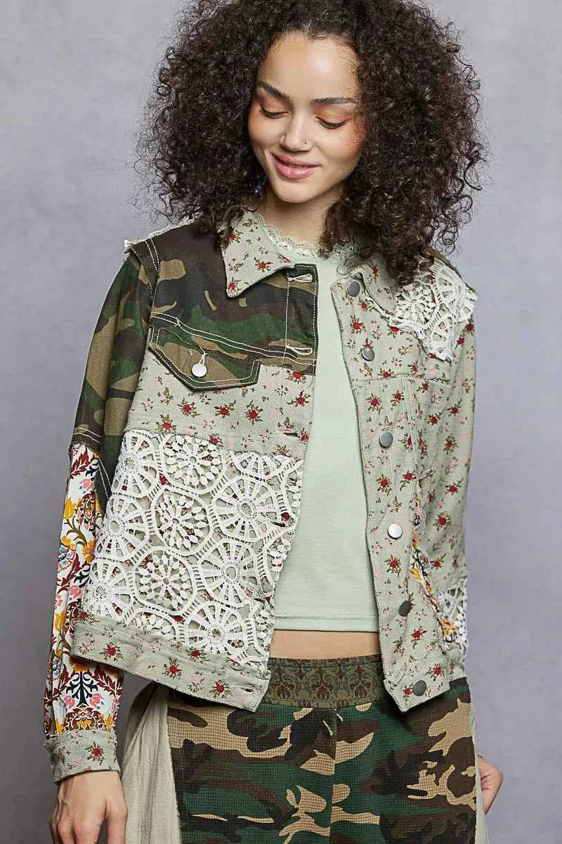 POL Floral Printed French Terry Jacket with Crochet Contrast