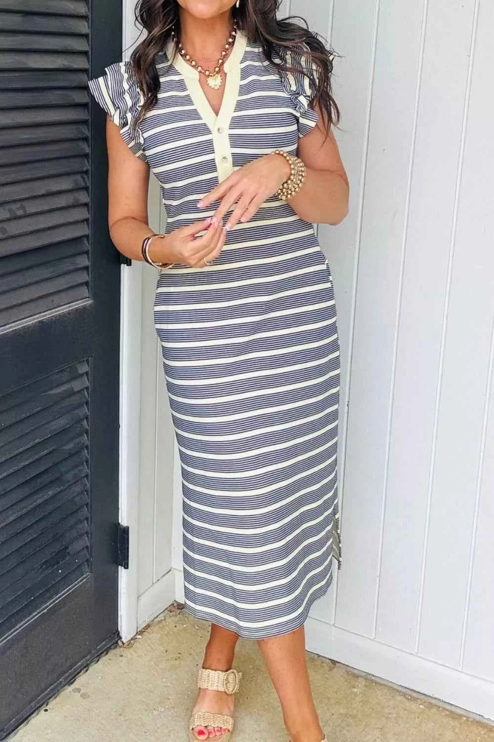 Stripe Ruffled Short Sleeve Contrast Trim Button Notched Neck Midi Dress