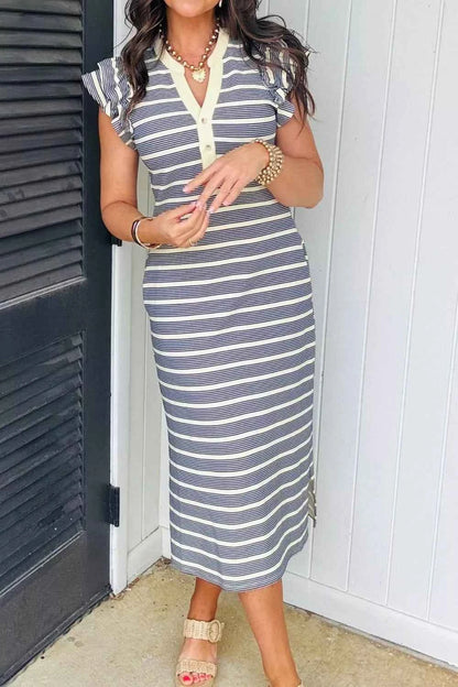 Stripe Ruffled Short Sleeve Contrast Trim Button Notched Neck Midi Dress