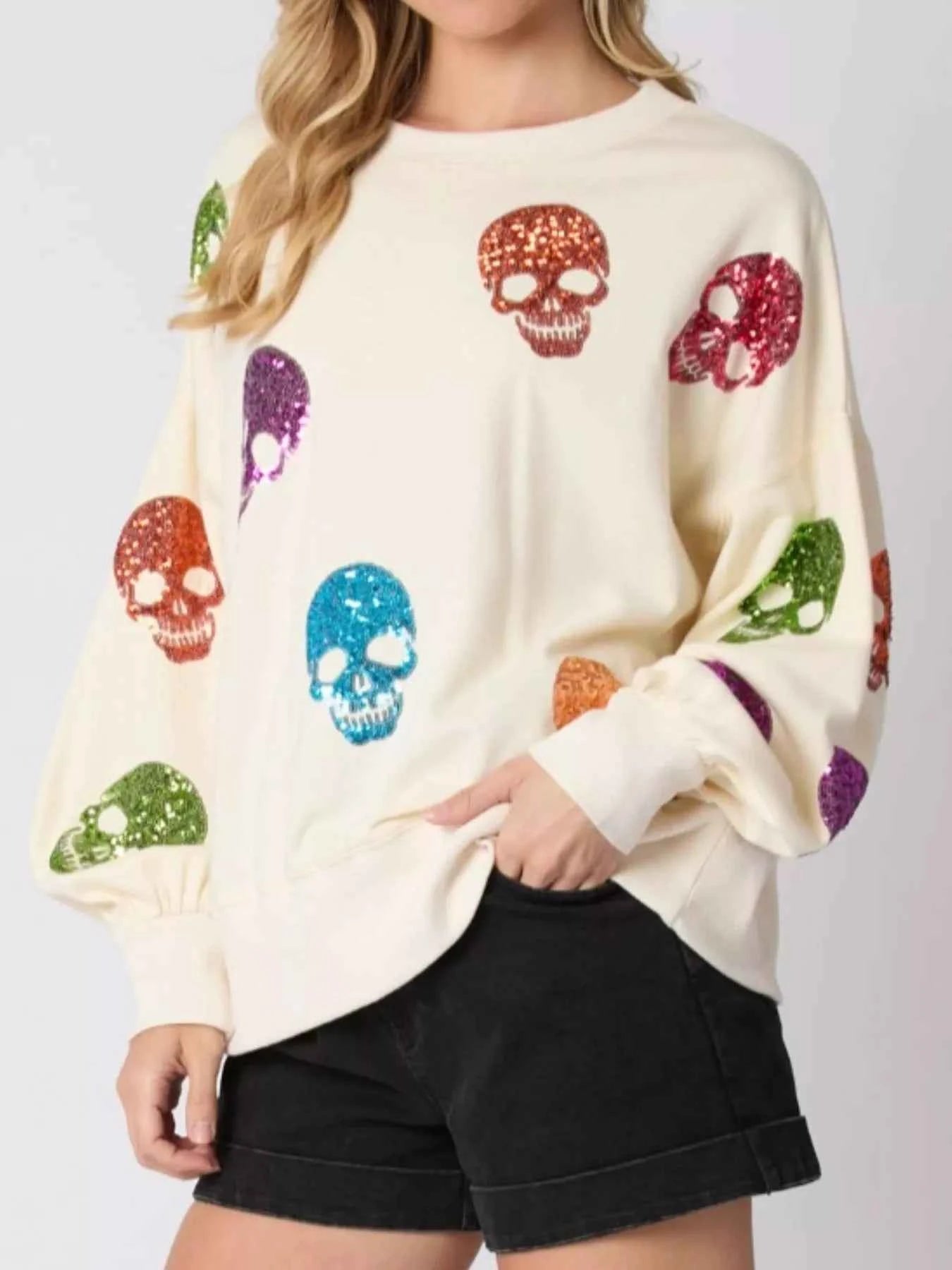Halloween Colorful Skull Sequin Oversized Sweatshirt