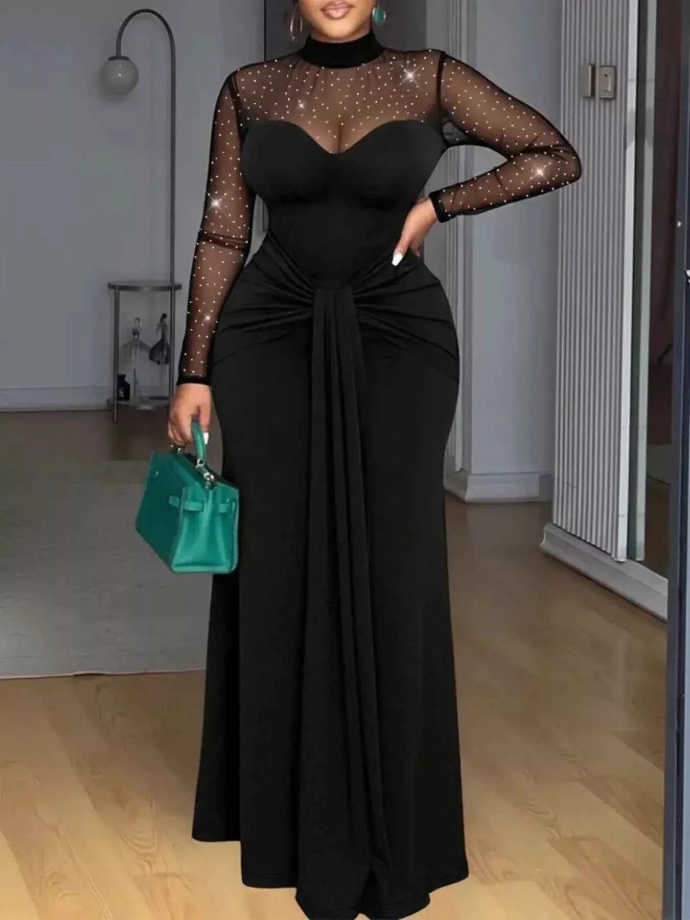 Mesh Mock Neck Long Sleeve Maxi Dress