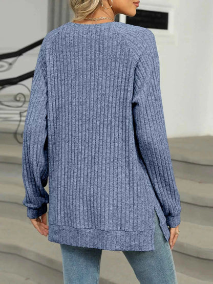 Round Neck Side Slit Ribbed Knit Top with Asymmetric Button Detail