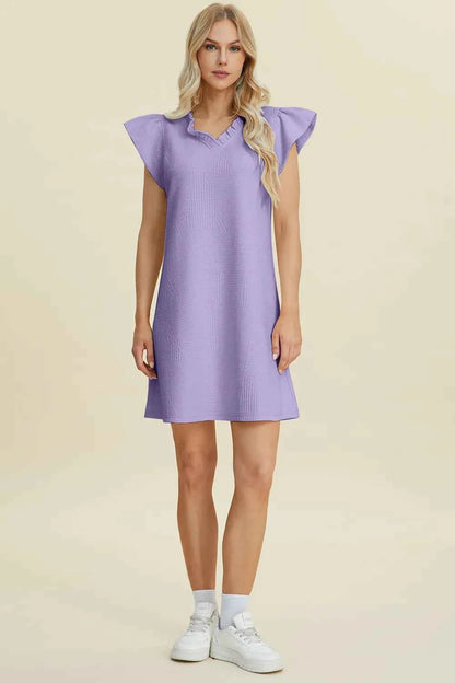 Double Take Full Size Ruffled V-Neck Cap Sleeve Dress