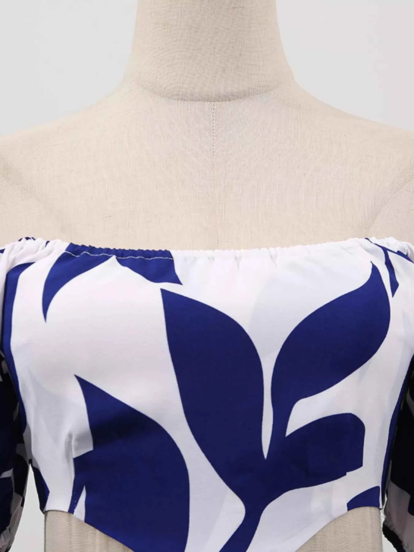 Off-Shoulder Cutout Leaf Print Maxi Dress