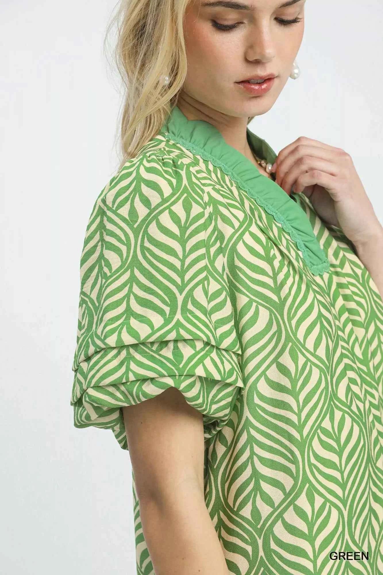 Umgee Leaf Print Ruffle Neck Midi Dress