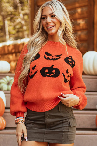 Pumpkin Pattern Round Neck Sweater - SHOPHUES